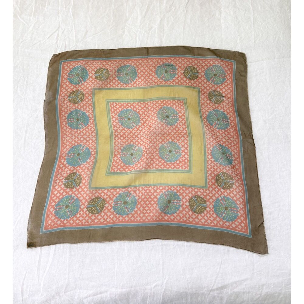 Vintage 1960s Japanese Scarf 26" Floral Geometric Square Head Neck Scarf